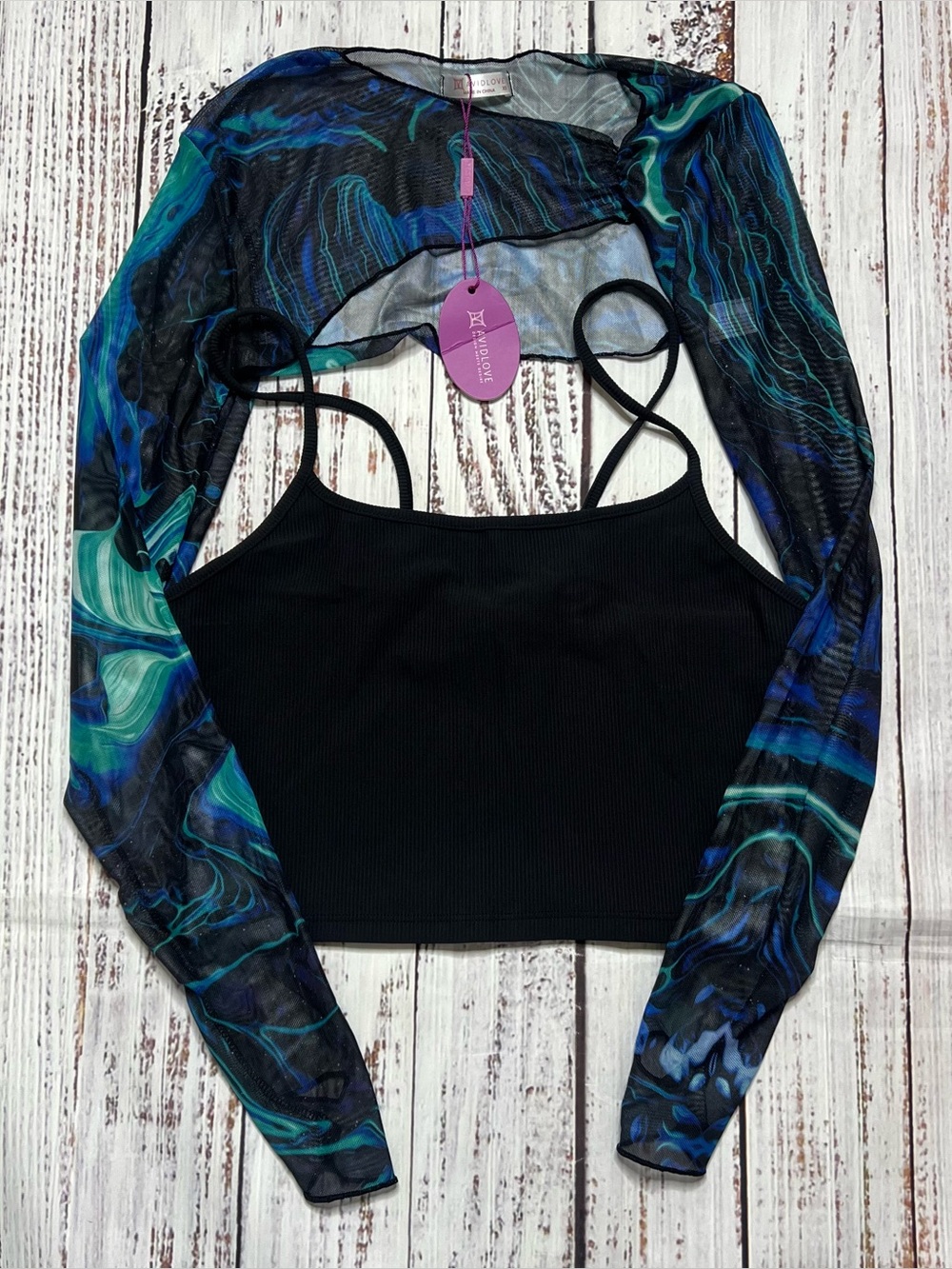AVIDLOVE Two piece set Black Ribbed Crop Tank with Blue-Green Mesh Sleeve